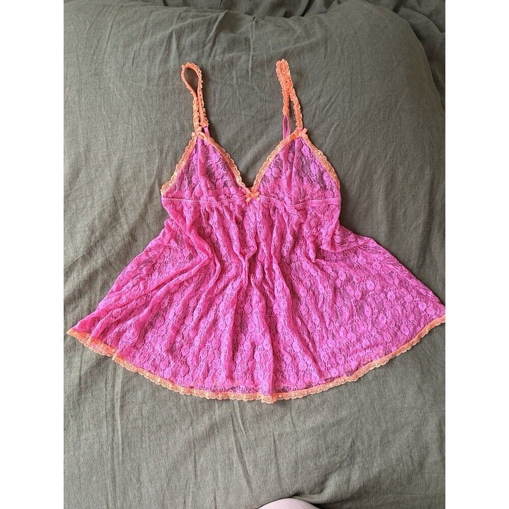 Pink Floral Lace Babydoll Teddy XS In Bloom by Jonquil Hot Pink and Orange